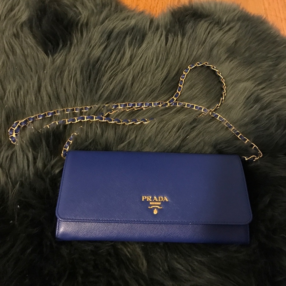 Prada Blue Clutch with Gold Chain